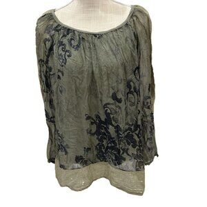 Tempo Paris Sheer Floral Print Long Sleeve Blouse With Gold Sequin Trim & Button